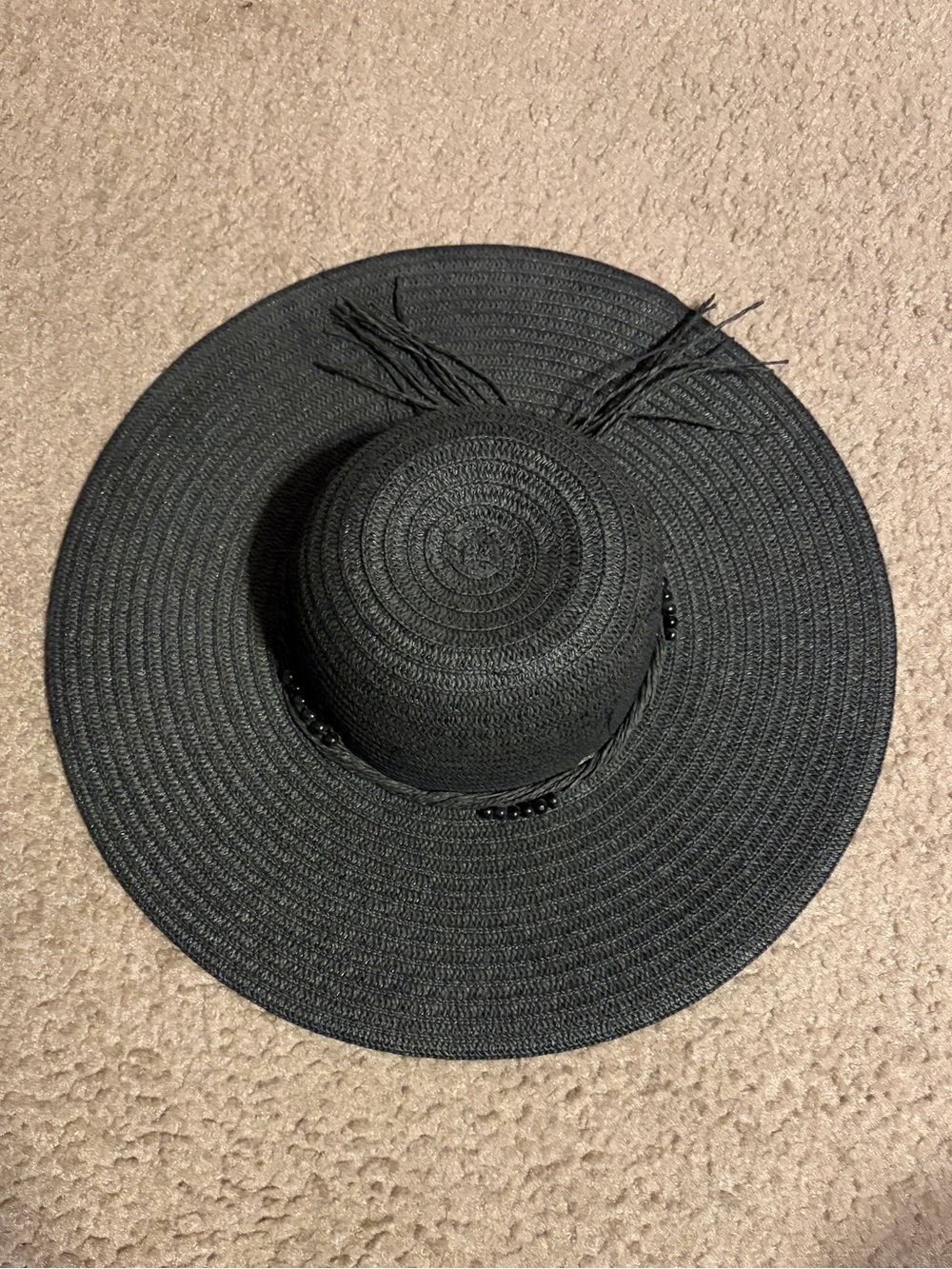 Straw Sunhat black wide brim bead and tie accents
